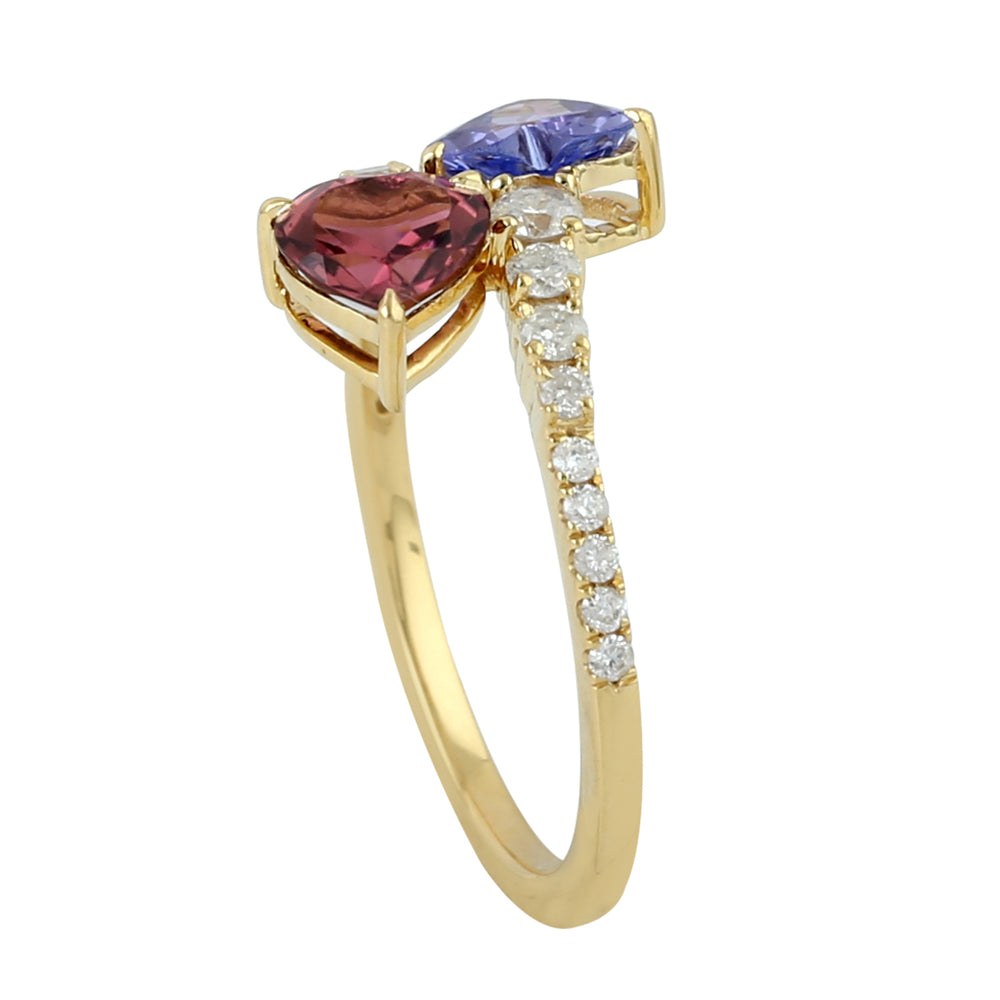 Pink Tourmaline & Tanzanite Pave Diamond Heart Bypass Ring In 18k Yellow Gold