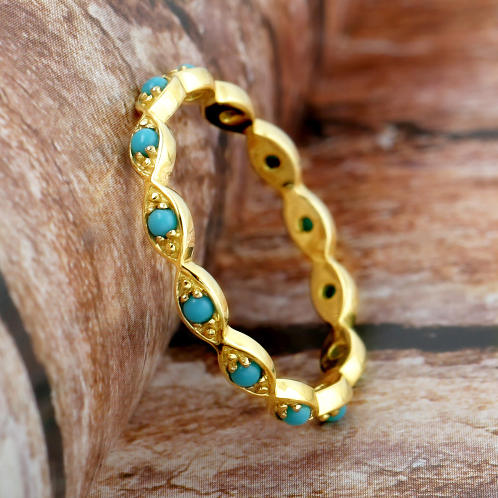 Turquoise Gemstone Handmade Designer Band Ring In 14K Yellow Gold