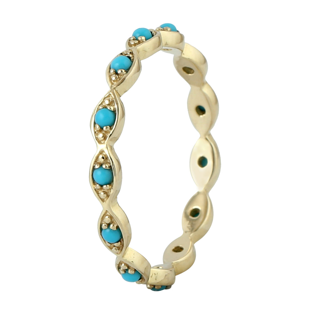 Turquoise Gemstone Handmade Designer Band Ring In 14K Yellow Gold