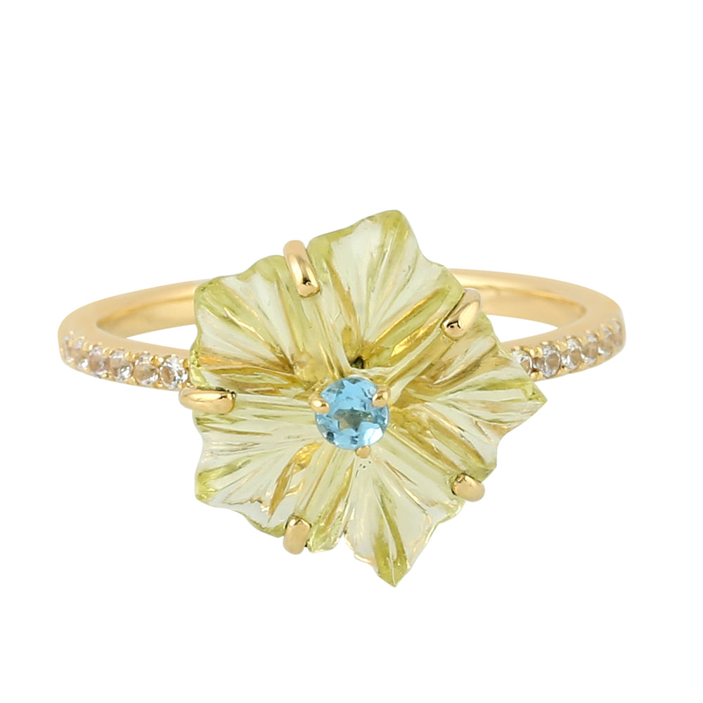 18k Yellow Gold Carving Flower Ring Lemon Quartz Gemstone Handmade Jewelry