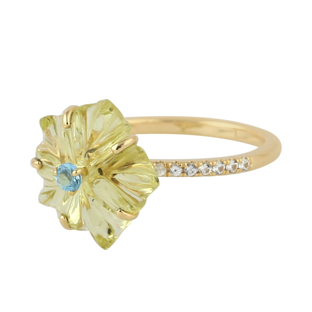 18k Yellow Gold Carving Flower Ring Lemon Quartz Gemstone Handmade Jewelry