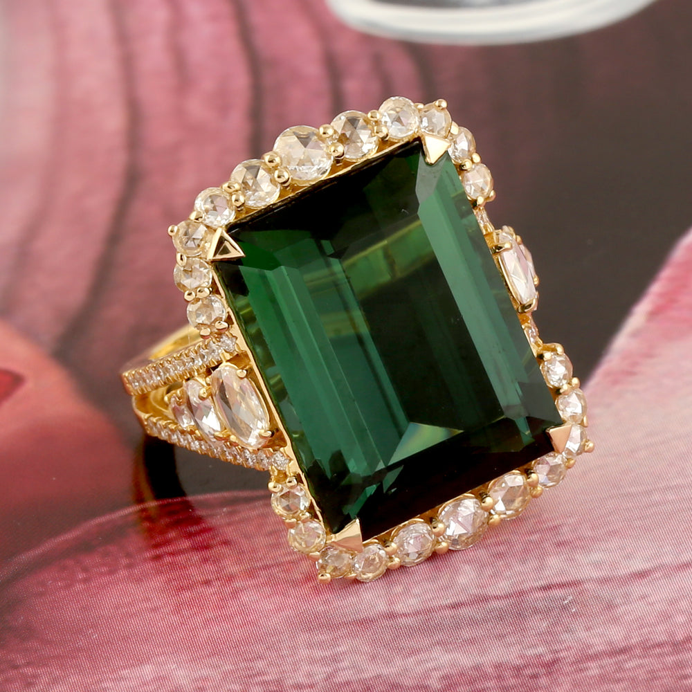 Green Tourmaline Diamond Cocktail Ring 18k Yellow Gold Jewelry