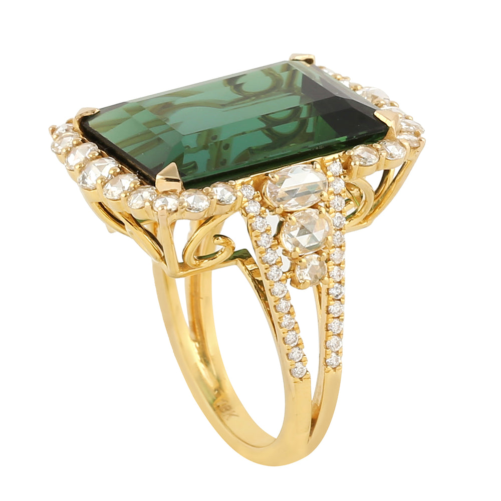 Green Tourmaline Gemstone Rose Cut Diamond Beautiful Cocktail Ring In Yellow Gold
