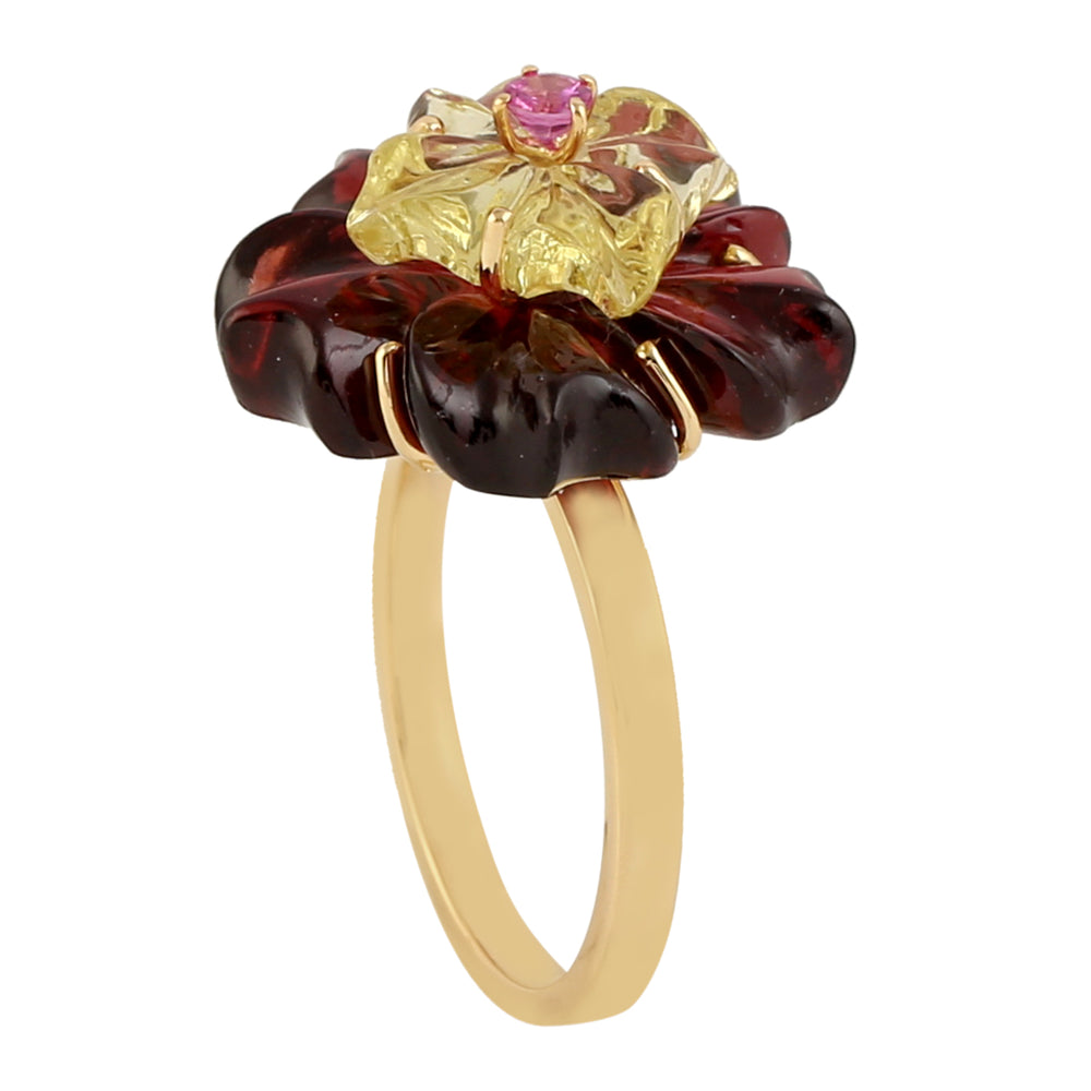 18k Yellow Gold Flower Ring Prong Ruby Carved Mix Stone Gemstone