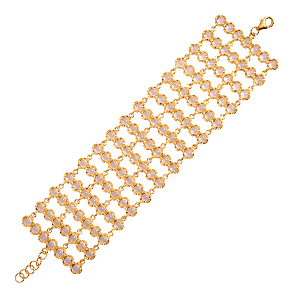 Moonstone Wide Mesh Statement Bracelet in 18K Yellow Gold
