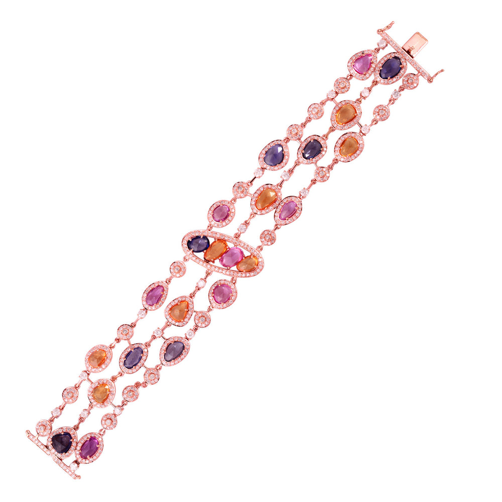 Oval Cut Rainbow Sapphire Pave Diamond Studded Fixed & Flexible Bracelet In 18K Rose Gold