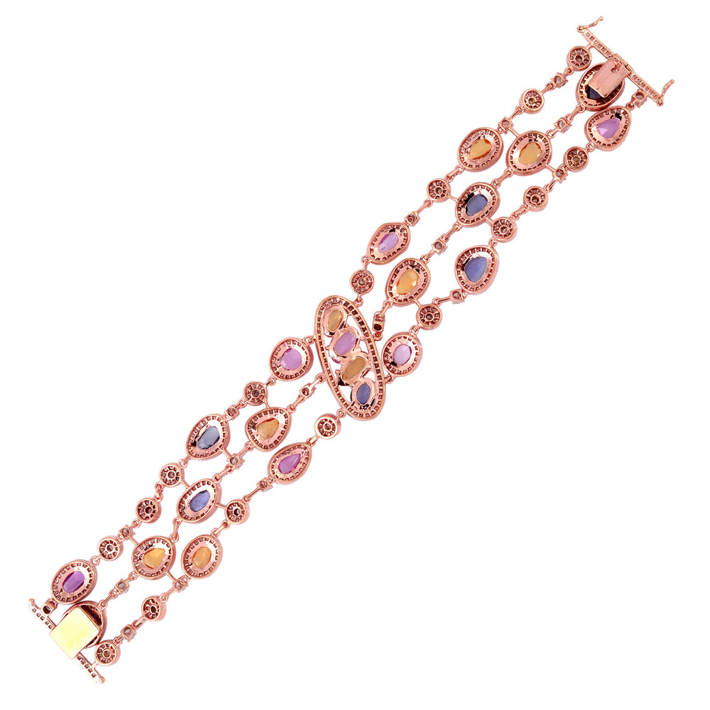 Oval Cut Rainbow Sapphire Pave Diamond Studded Fixed & Flexible Bracelet In 18K Rose Gold