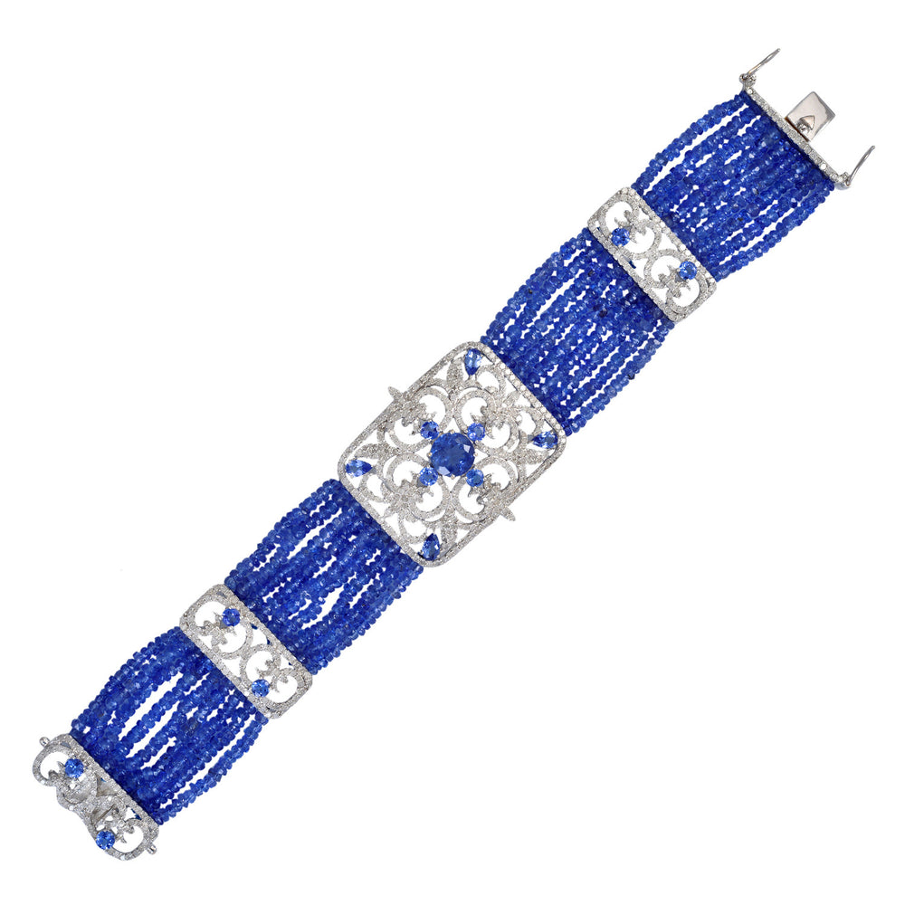 Tanzanite & Diamond Art Deco Multi-Strand Bracelet in 18K White Gold Silver