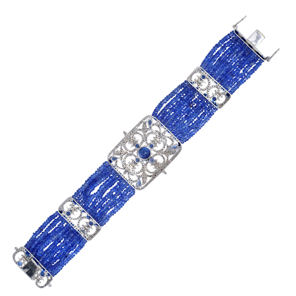 Tanzanite & Diamond Art Deco Multi-Strand Bracelet in 18K White Gold Silver