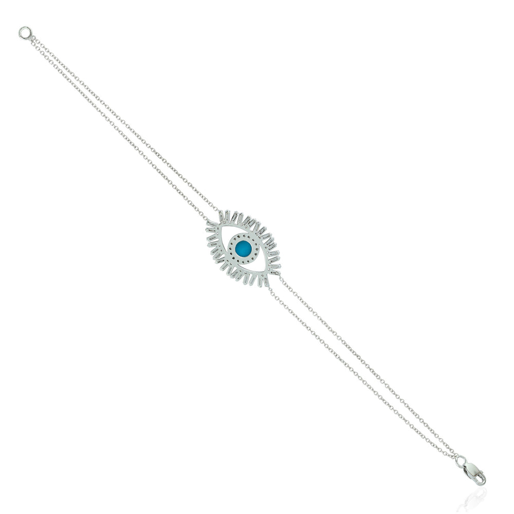 Turquoise & Tapered Baguette Diamond Evil Eye Bracelet in 14K White Gold