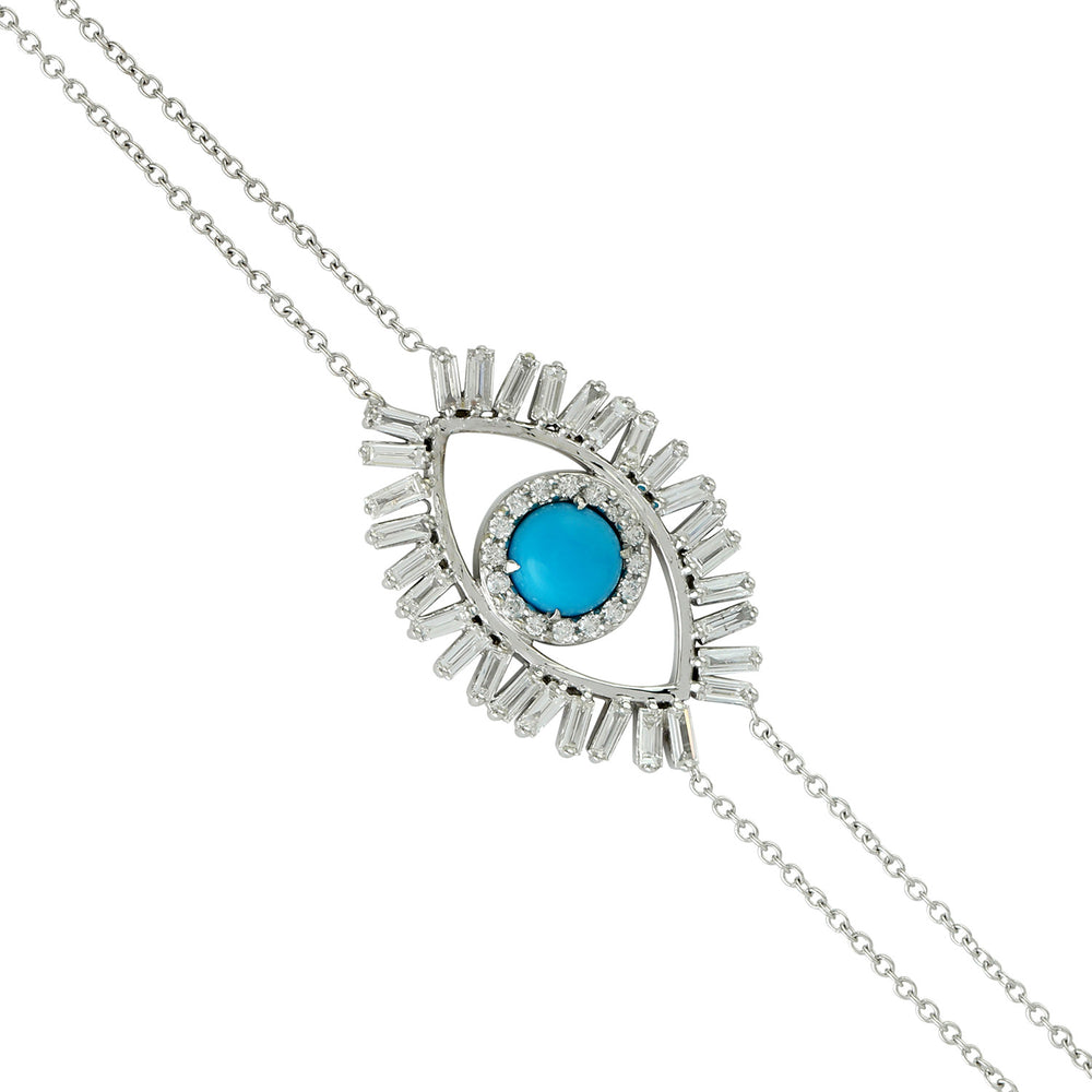 Turquoise & Tapered Baguette Diamond Evil Eye Bracelet in 14K White Gold
