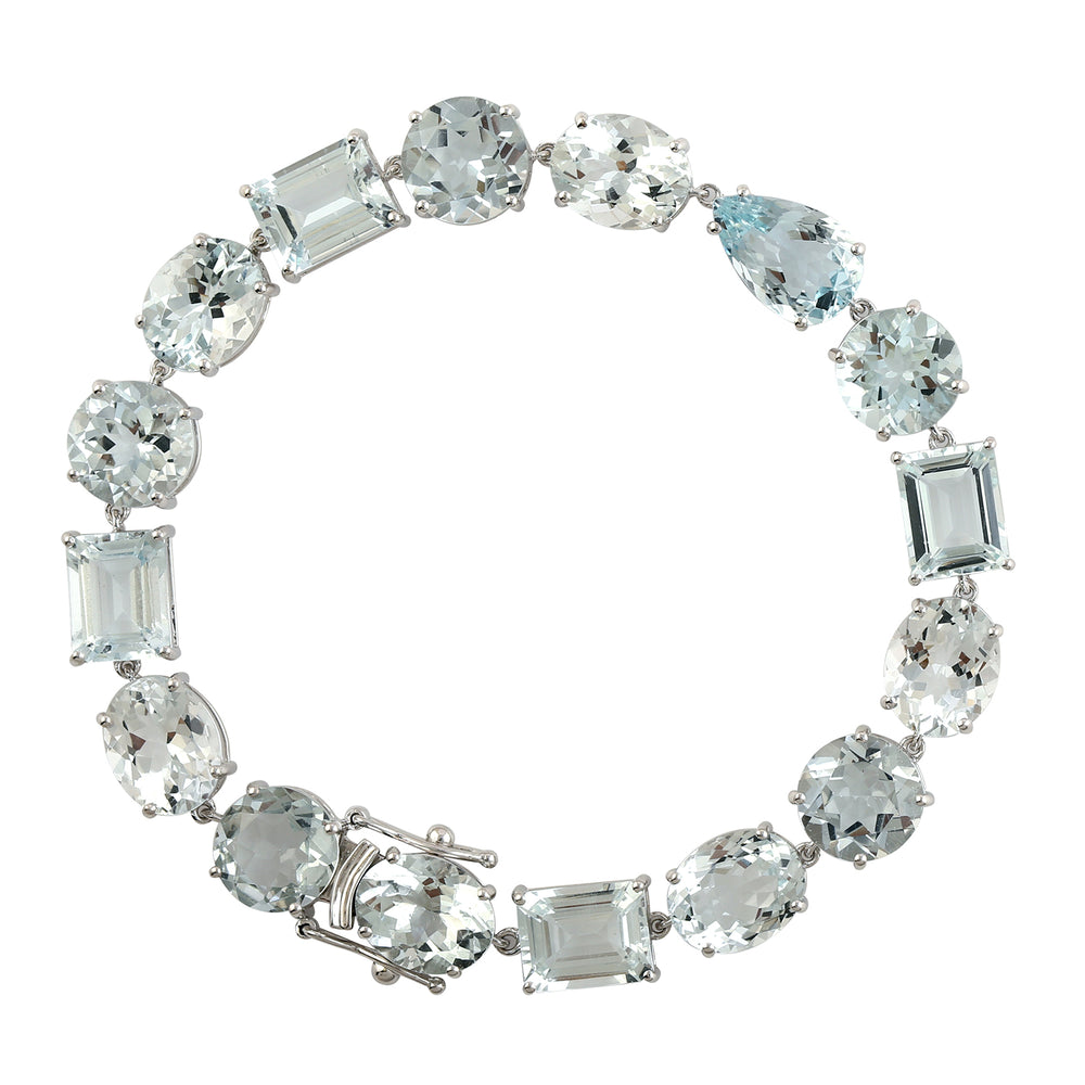 Faceted Aquamarine Prong Set 18k White Gold Link Chain Designer Bracelet For Birthday Gift