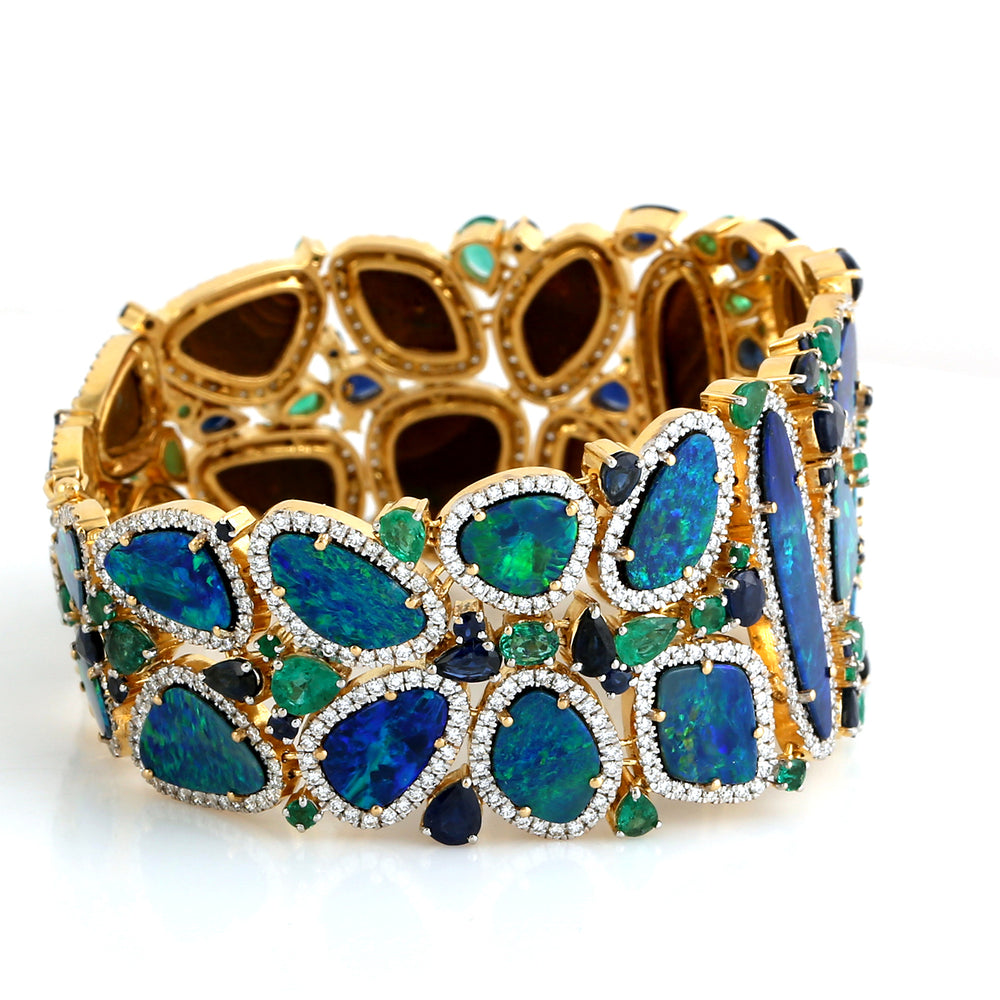 18K Yellow Gold Opal Doublet Multi Gemstone Pave Diamond Designer Bracelet For Women Gifts