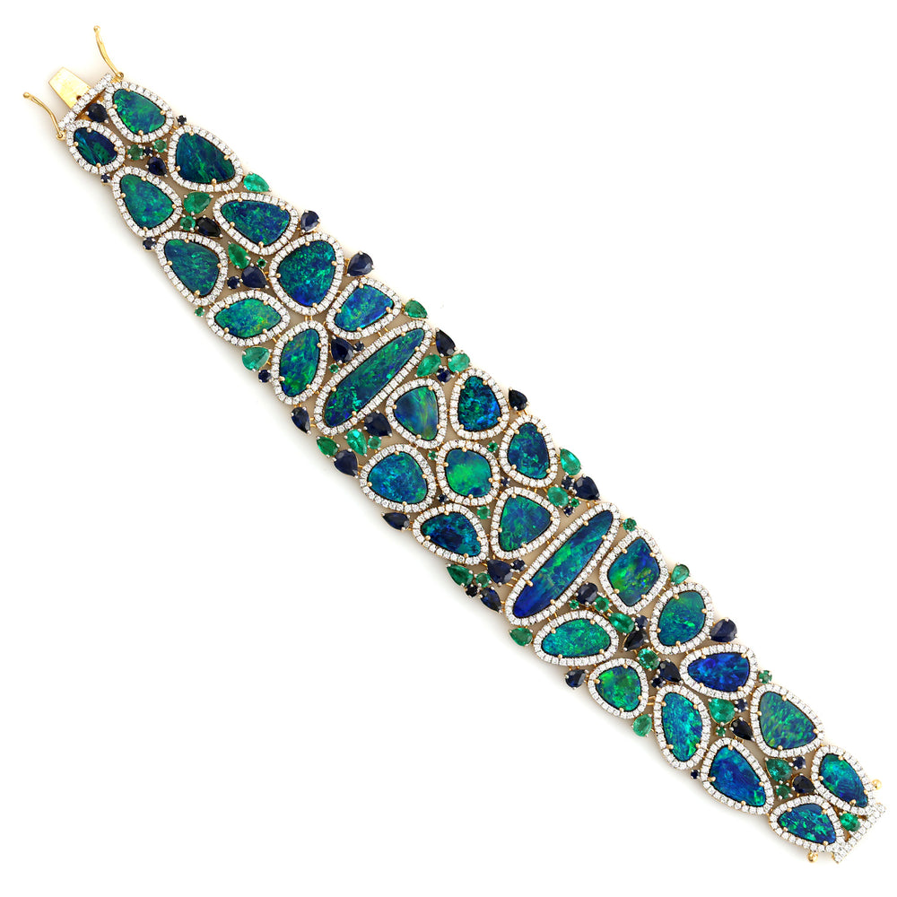 18K Yellow Gold Opal Doublet Multi Gemstone Pave Diamond Designer Bracelet For Women Gifts