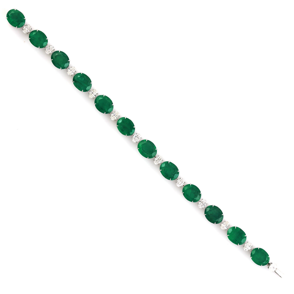 Oval Cut Faceted Emerald Oval Diamond Link Designer Bracelet In 18k White Gold For Her