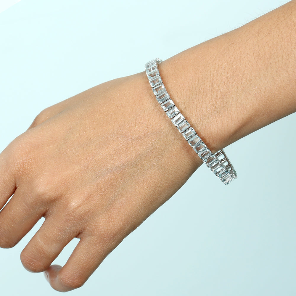 Channel Set Aquamarine 18k White Gold Fixed And Flexible Bracelet For Gift