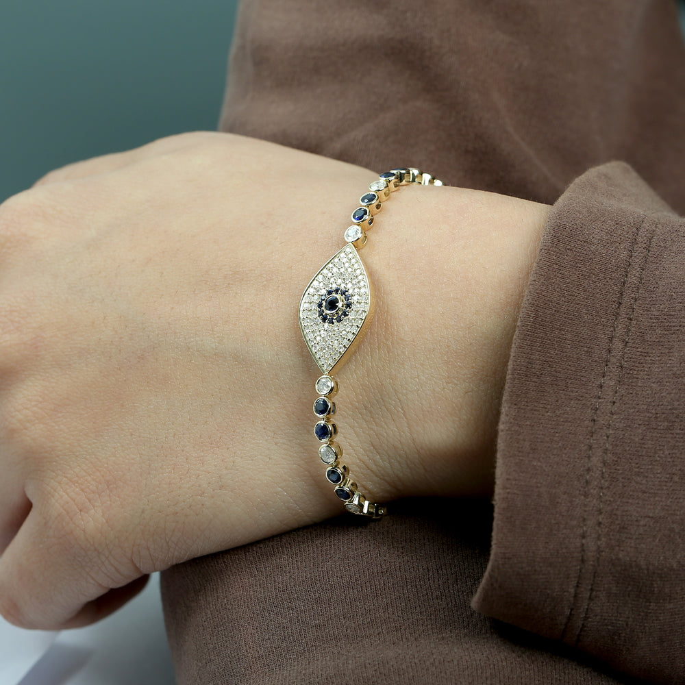 Blue Sapphire & Diamond Evil Eye Bracelet in 14K Yellow Gold