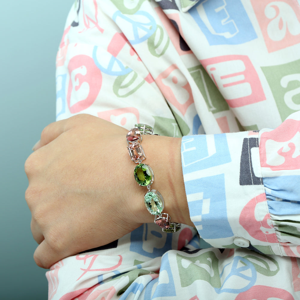 Mixed Tourmaline Multi-Shape Gemstone Bracelet in 14K White Gold