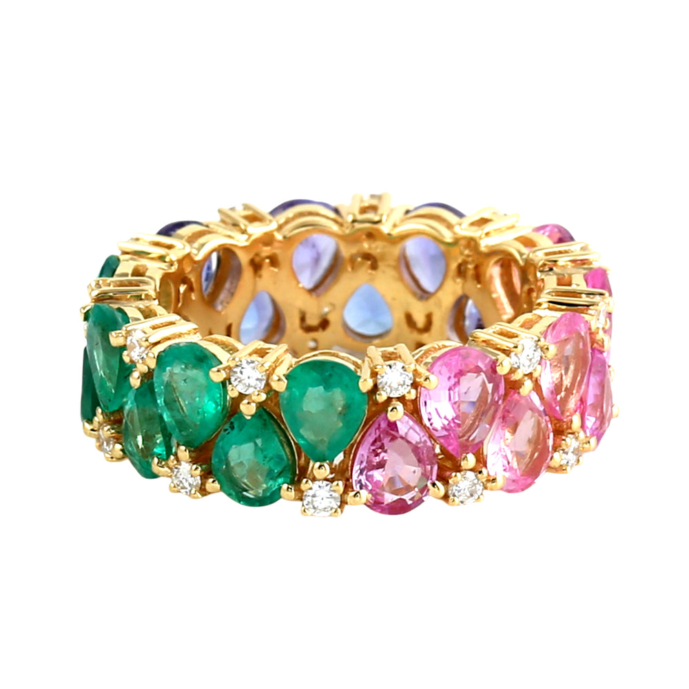 Pear-Cut Pink Sapphire, Tanzanite & Emerald Prong Diamond Band Ring in 14K Yellow Gold