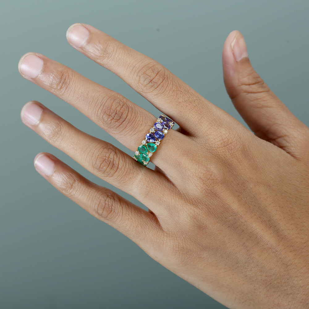 Pear-Cut Pink Sapphire, Tanzanite & Emerald Prong Diamond Band Ring in 14K Yellow Gold