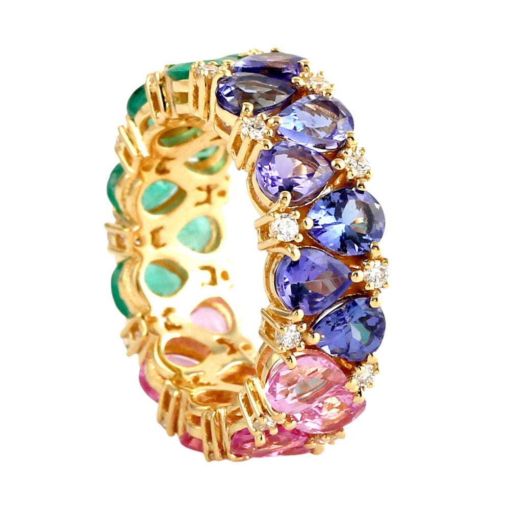 Pear-Cut Pink Sapphire, Tanzanite & Emerald Prong Diamond Band Ring in 14K Yellow Gold