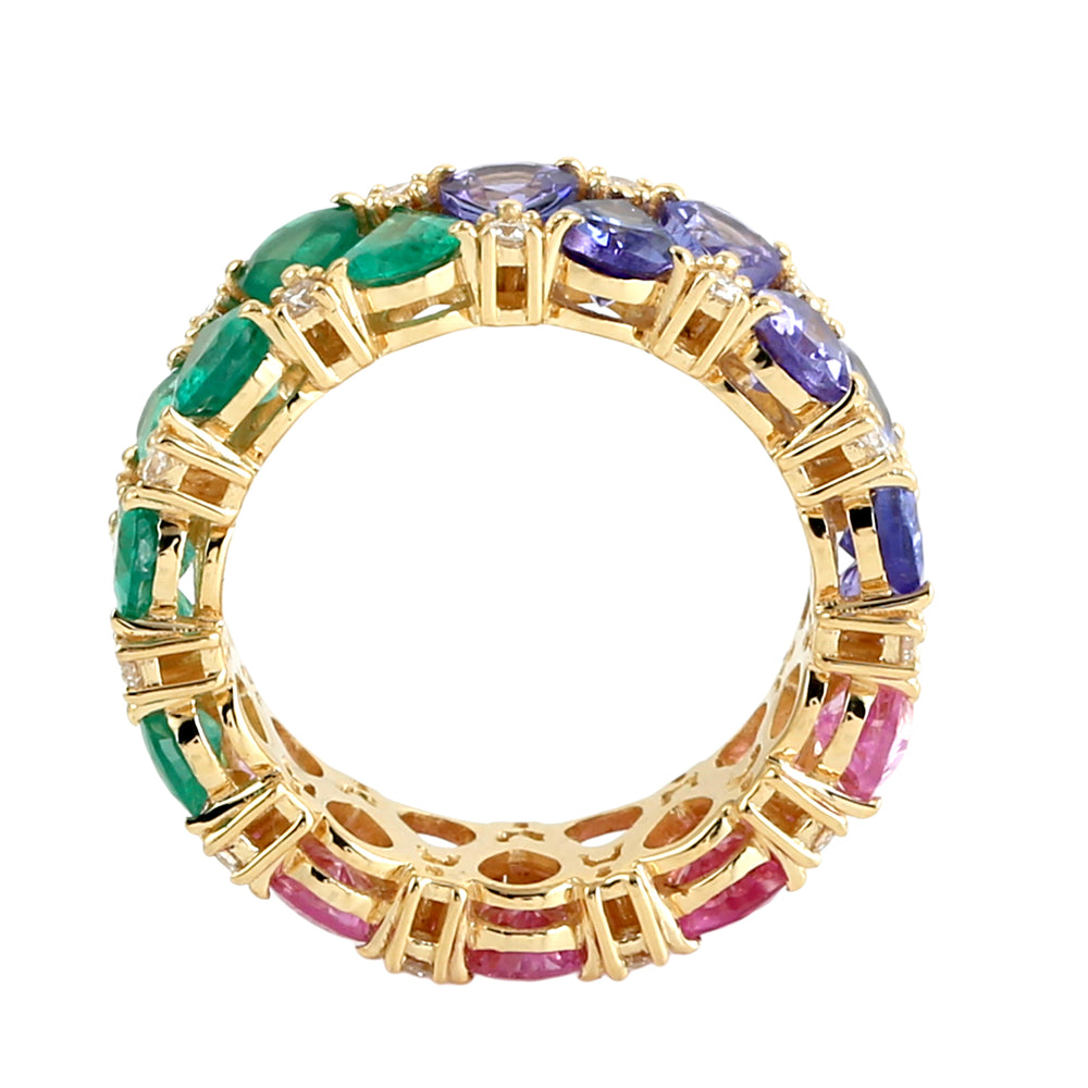 Pear-Cut Pink Sapphire, Tanzanite & Emerald Prong Diamond Band Ring in 14K Yellow Gold