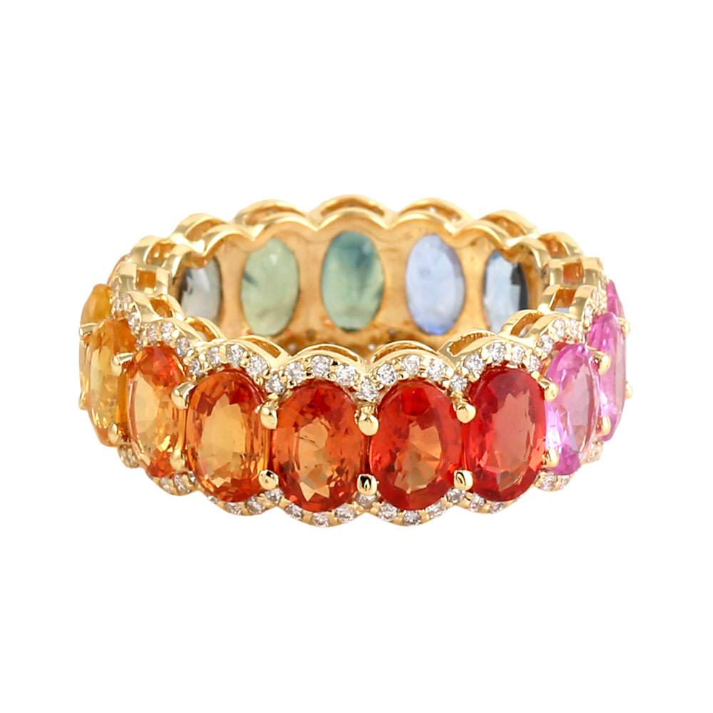 Oval Multicolor Sapphire Pave Diamond Eternity Ring in 14K Yellow Gold