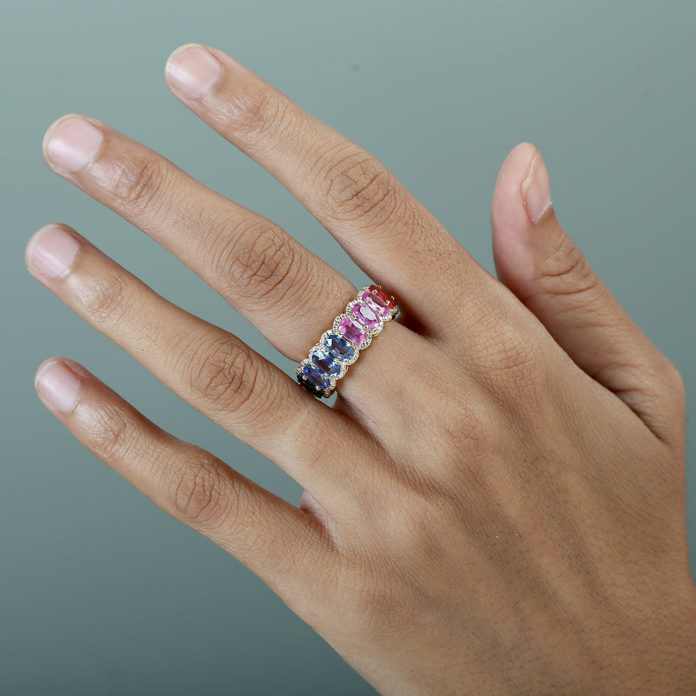 Oval Multicolor Sapphire Pave Diamond Eternity Ring in 14K Yellow Gold