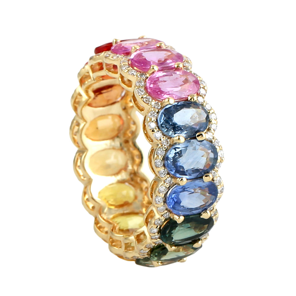 Oval Multicolor Sapphire Pave Diamond Eternity Ring in 14K Yellow Gold