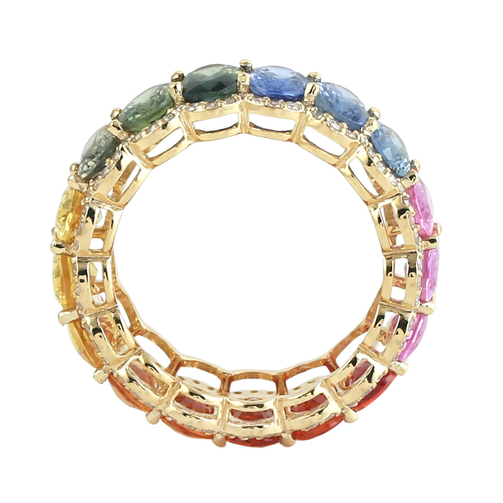 Oval Multicolor Sapphire Pave Diamond Eternity Ring in 14K Yellow Gold