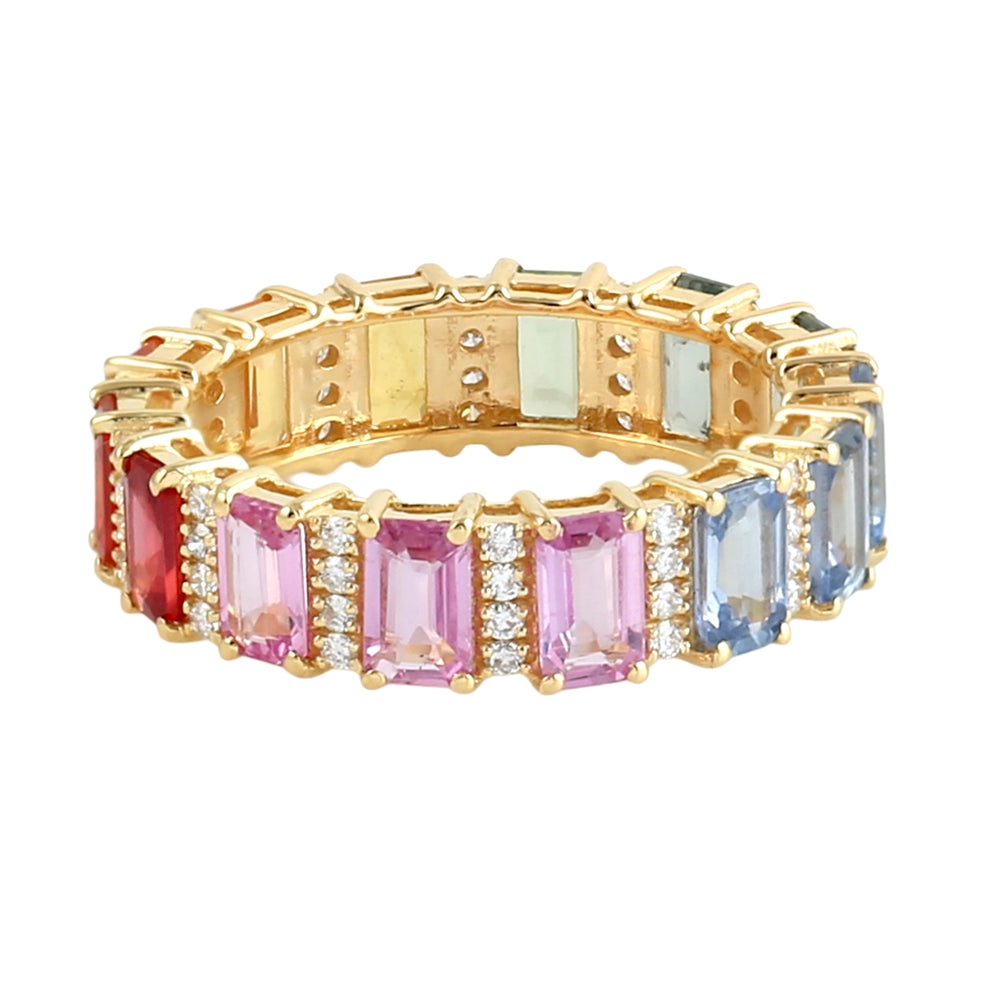 Baguette Multicolor Sapphire Pave Diamond Eternity Ring in 14K Yellow Gold