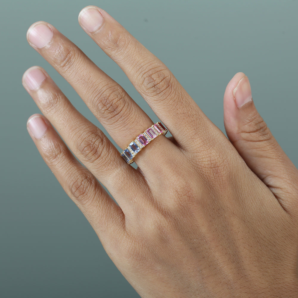 Baguette Multicolor Sapphire Pave Diamond Eternity Ring in 14K Yellow Gold