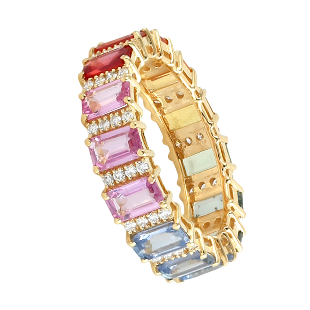 Baguette Multicolor Sapphire Pave Diamond Eternity Ring in 14K Yellow Gold