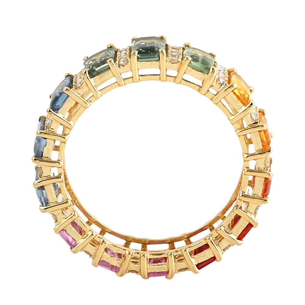 Baguette Multicolor Sapphire Pave Diamond Eternity Ring in 14K Yellow Gold