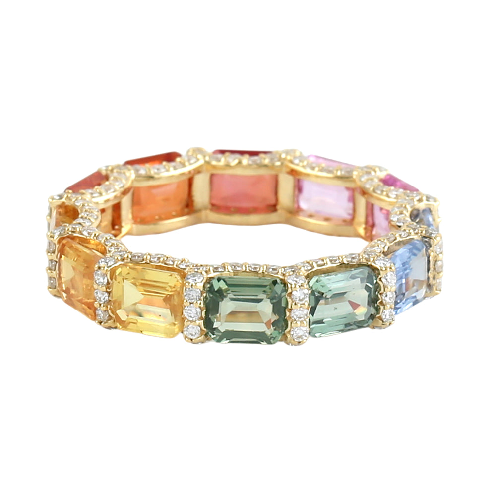 Multicolor Sapphire Gemstone Pave Diamond Eternity Ring in 14K Yellow Gold