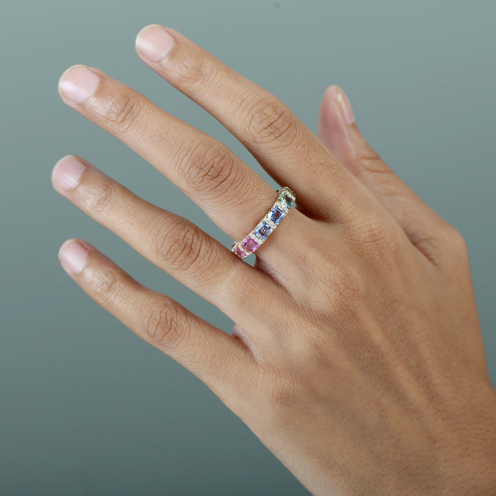 Multicolor Sapphire Gemstone Pave Diamond Eternity Ring in 14K Yellow Gold