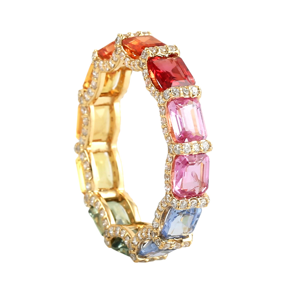 Multicolor Sapphire Gemstone Pave Diamond Eternity Ring in 14K Yellow Gold