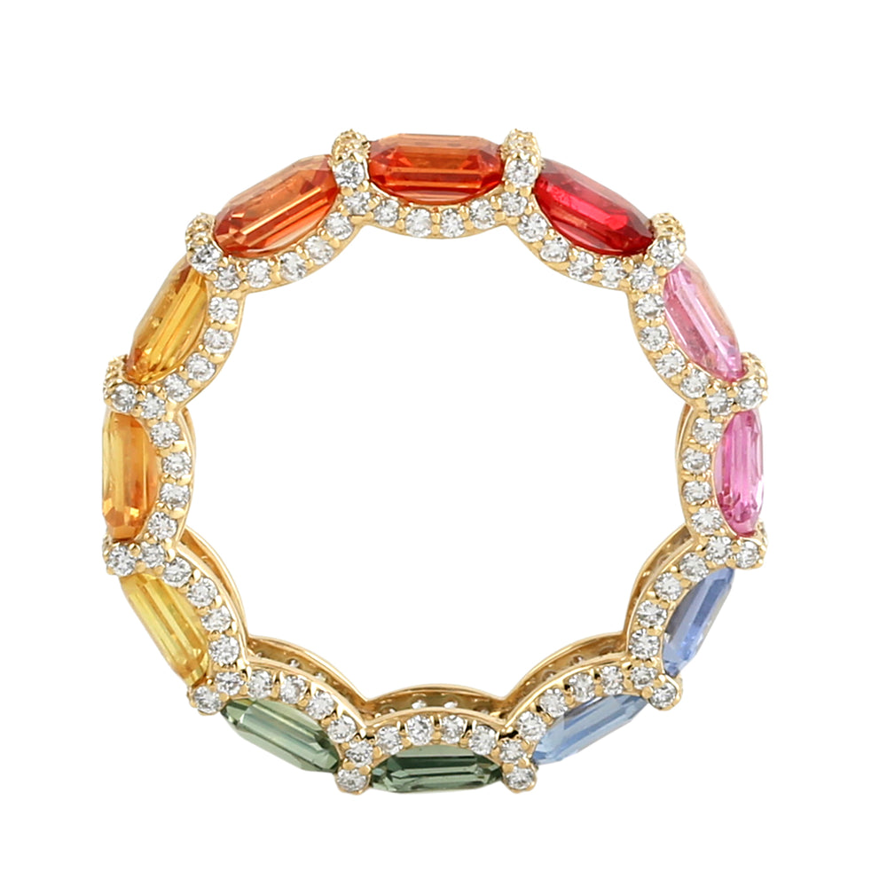 Multicolor Sapphire Gemstone Pave Diamond Eternity Ring in 14K Yellow Gold