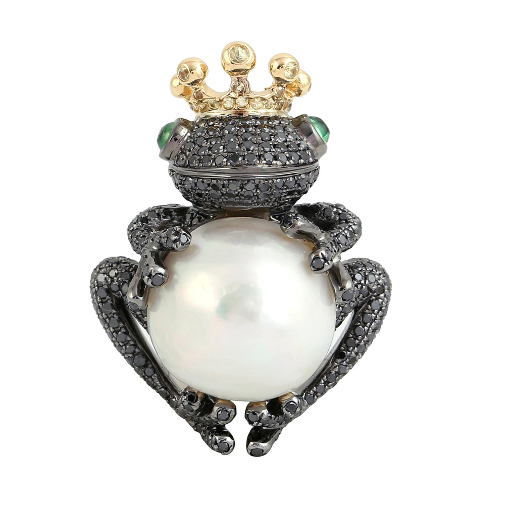 Natural Pearl Tsavorite Pave Black White Diamond Frog King Design Pendant 18K Solid Gold