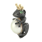 Natural Pearl Tsavorite Pave Black White Diamond Frog King Design Pendant 18K Solid Gold