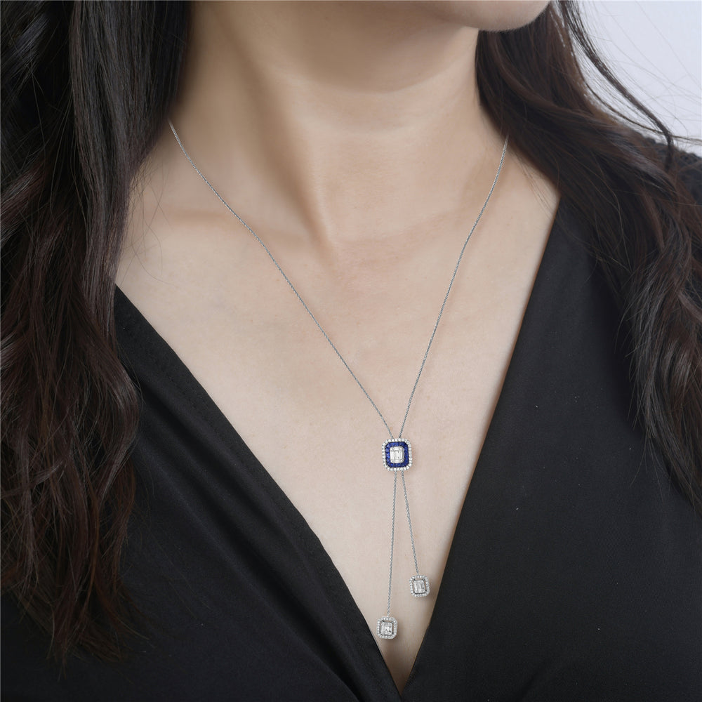 Channel Set Blue Sapphire Pave Diamond Designer Necklace In 18k White Gold