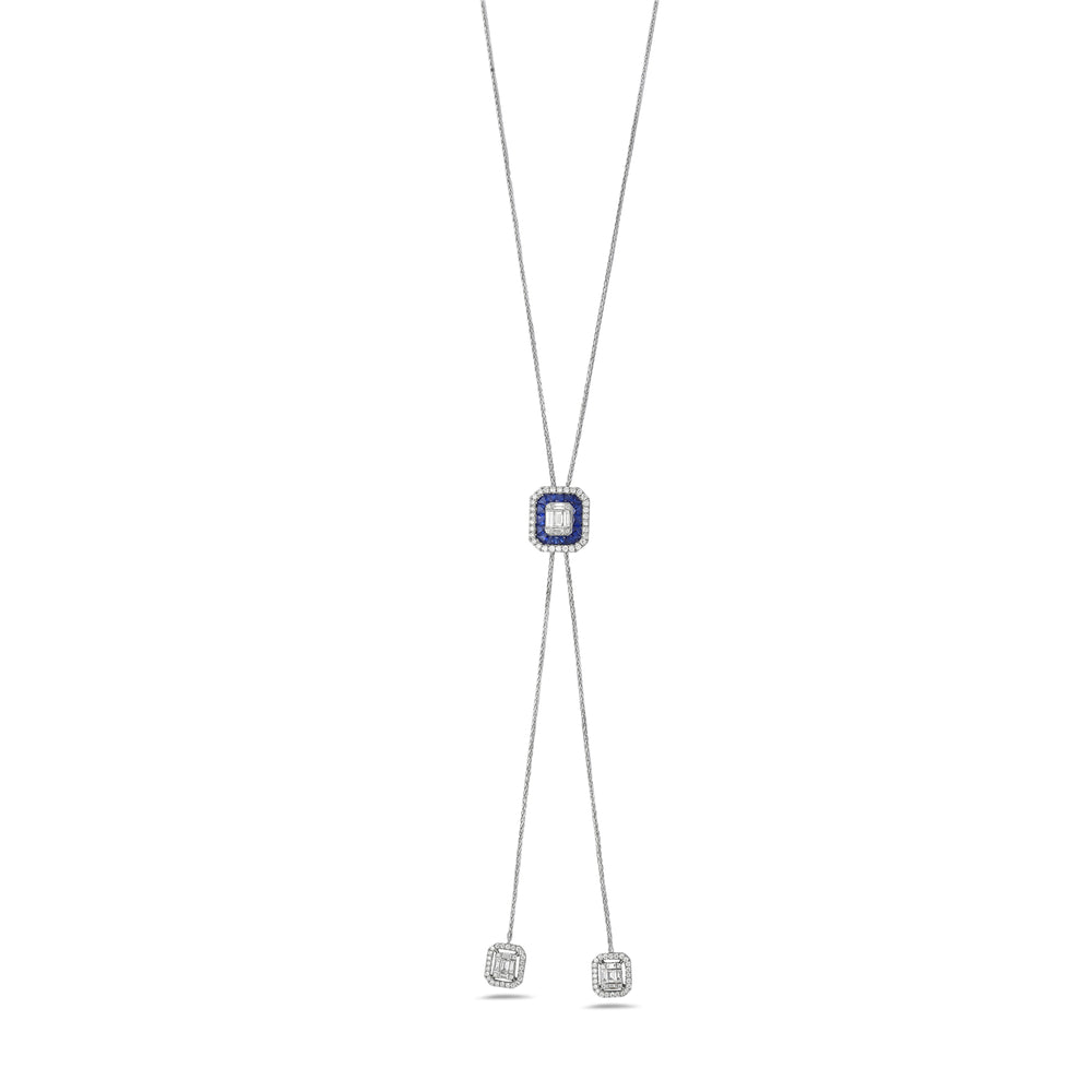 Channel Set Blue Sapphire Pave Diamond Designer Necklace In 18k White Gold