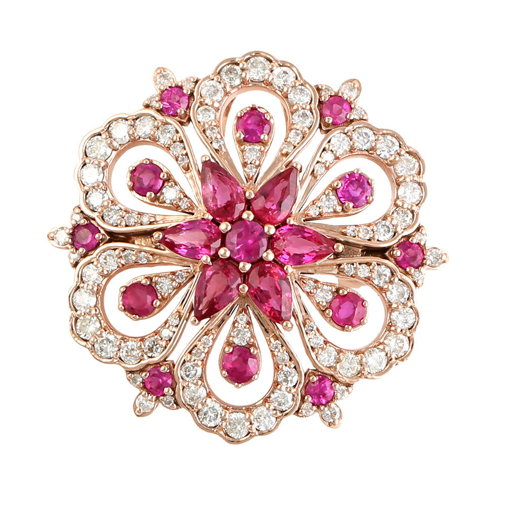 Pear Cut Ruby Natural Diamond 18k Rose Gold Daisy Design Brooch For Gift