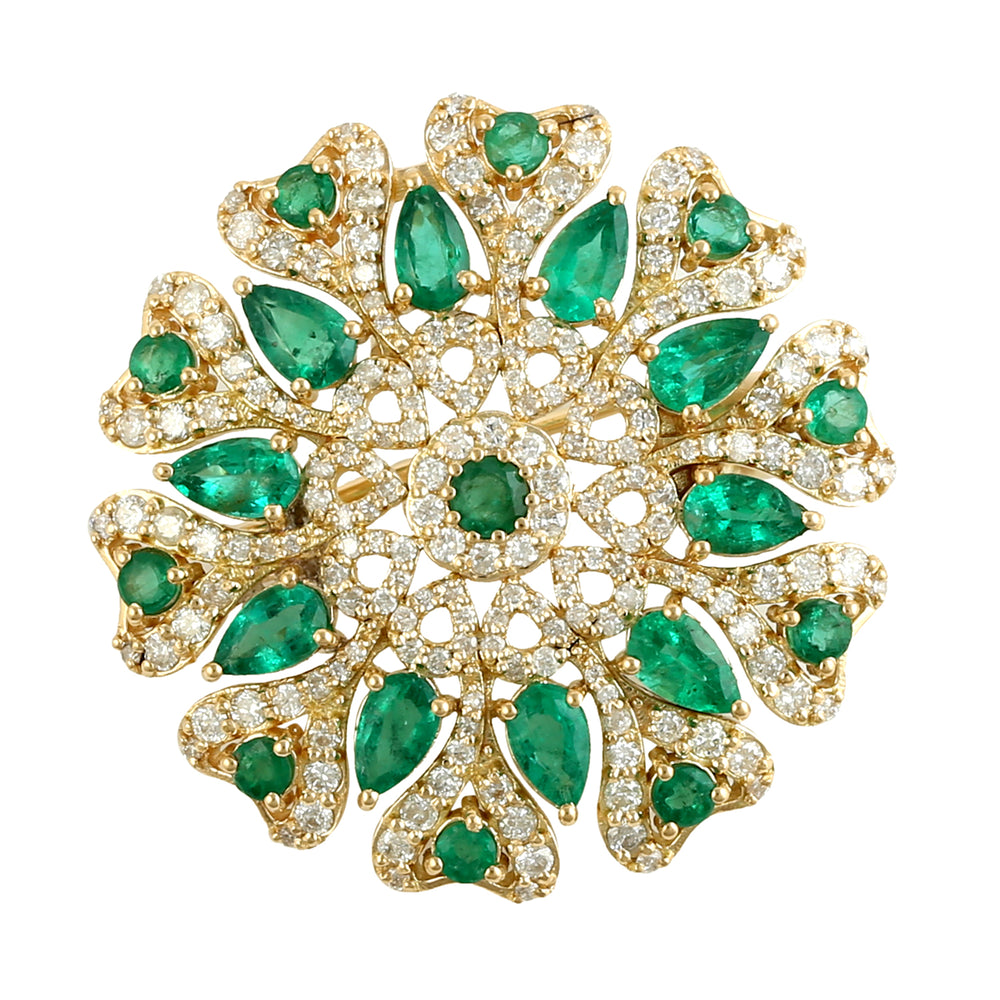 Pear Cut Emerald Pave Diamond Beautiful 18k Yellow Gold Brooch Jewelry