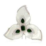 18K White Gold Carving MOP Prong Chrome Diopside Pave Diamond Brooch Flower Accessories