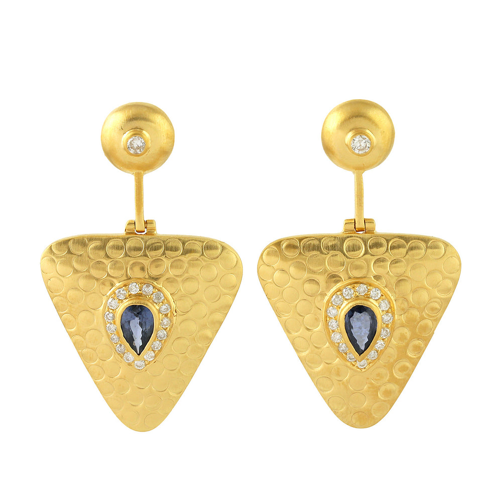 Natural Pear Blue Sapphire Bezel Set Diamond Ethnic Dangler 18K Solid Gold Jewelry