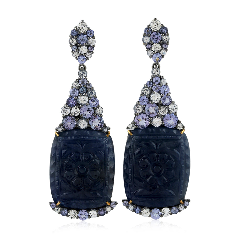Carved Blue Sapphire Prong Tanzanite White Sapphire Cluster Dangler In Gold Silver