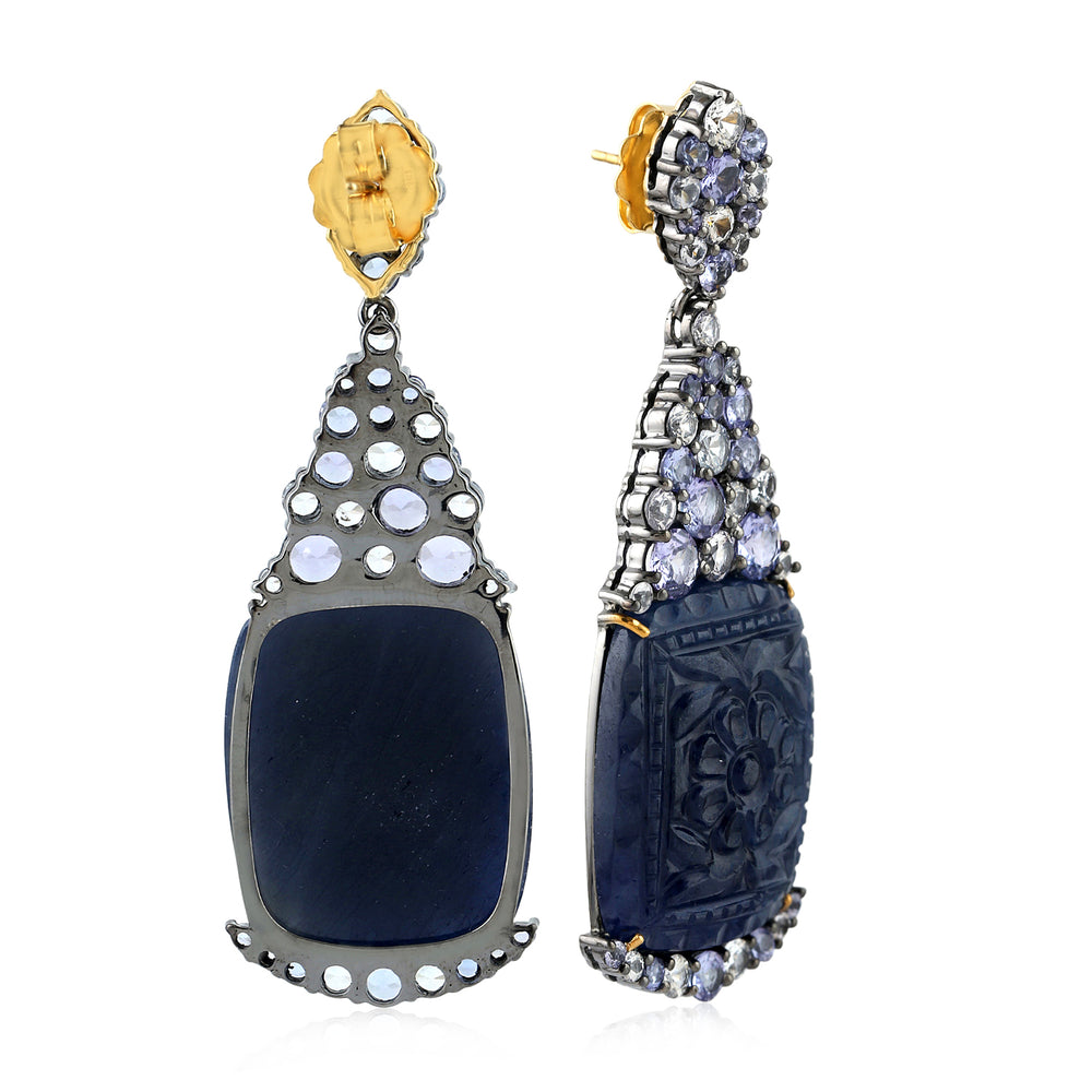 Carved Blue Sapphire Prong Tanzanite White Sapphire Cluster Dangler In Gold Silver
