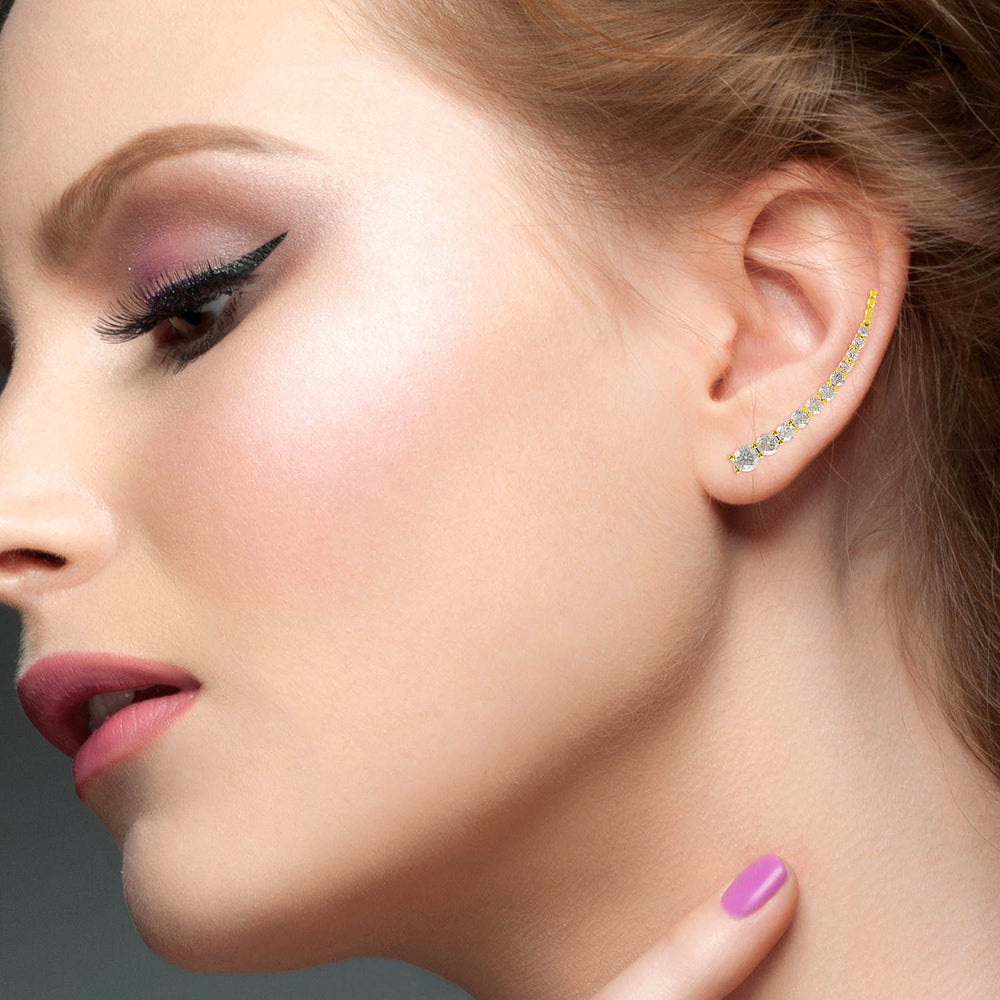 Graduated Round Diamond Ear Climber Earrings in 18K Yellow Gold