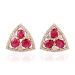 Natural Ruby Gemstone Pave Diamond Trillion Design Stud Earrings In 18k Rose Gold